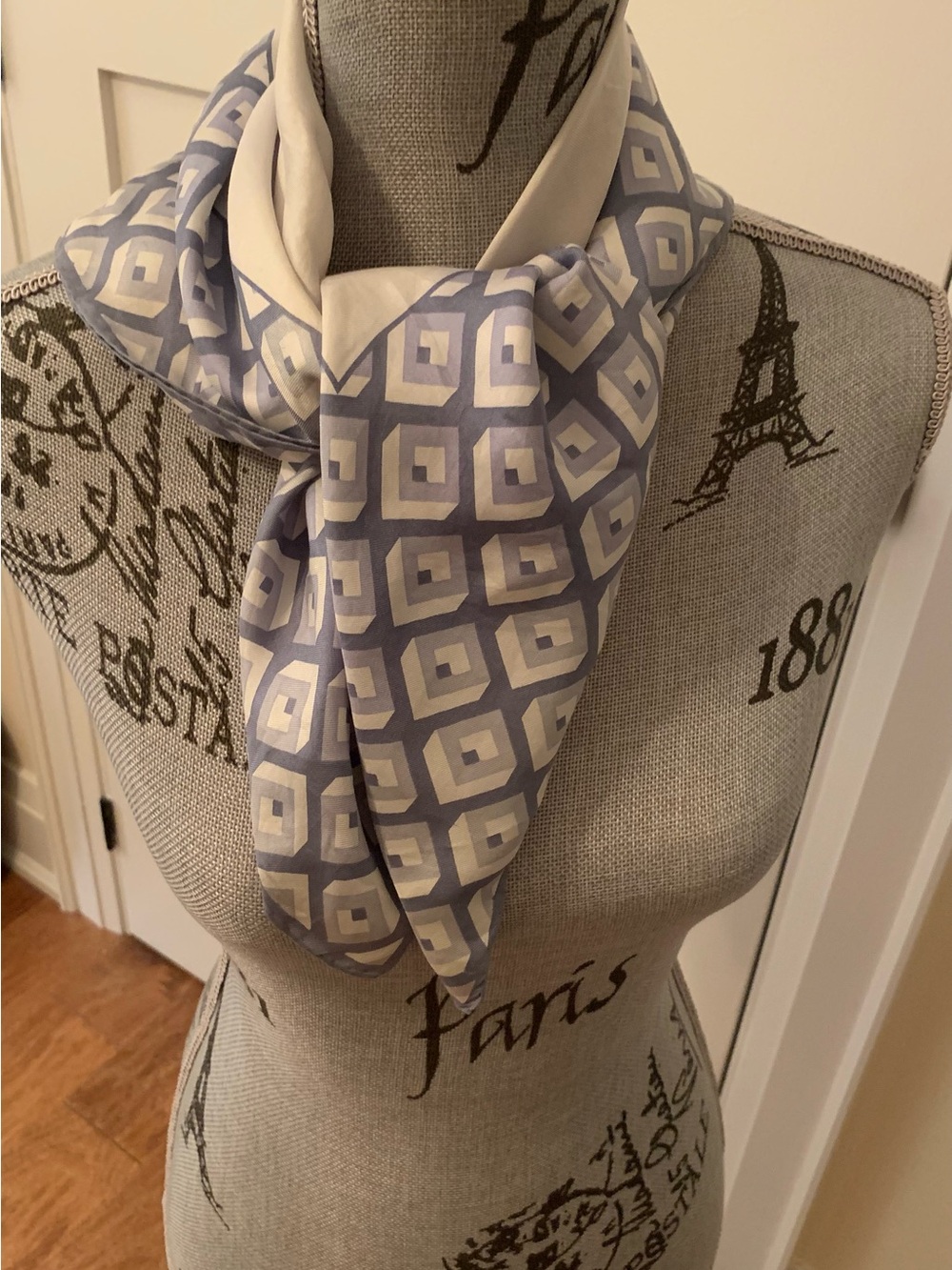 Diane Von Furstenberg Geometric Square Print Silk Scarf in Light Blue and Cream